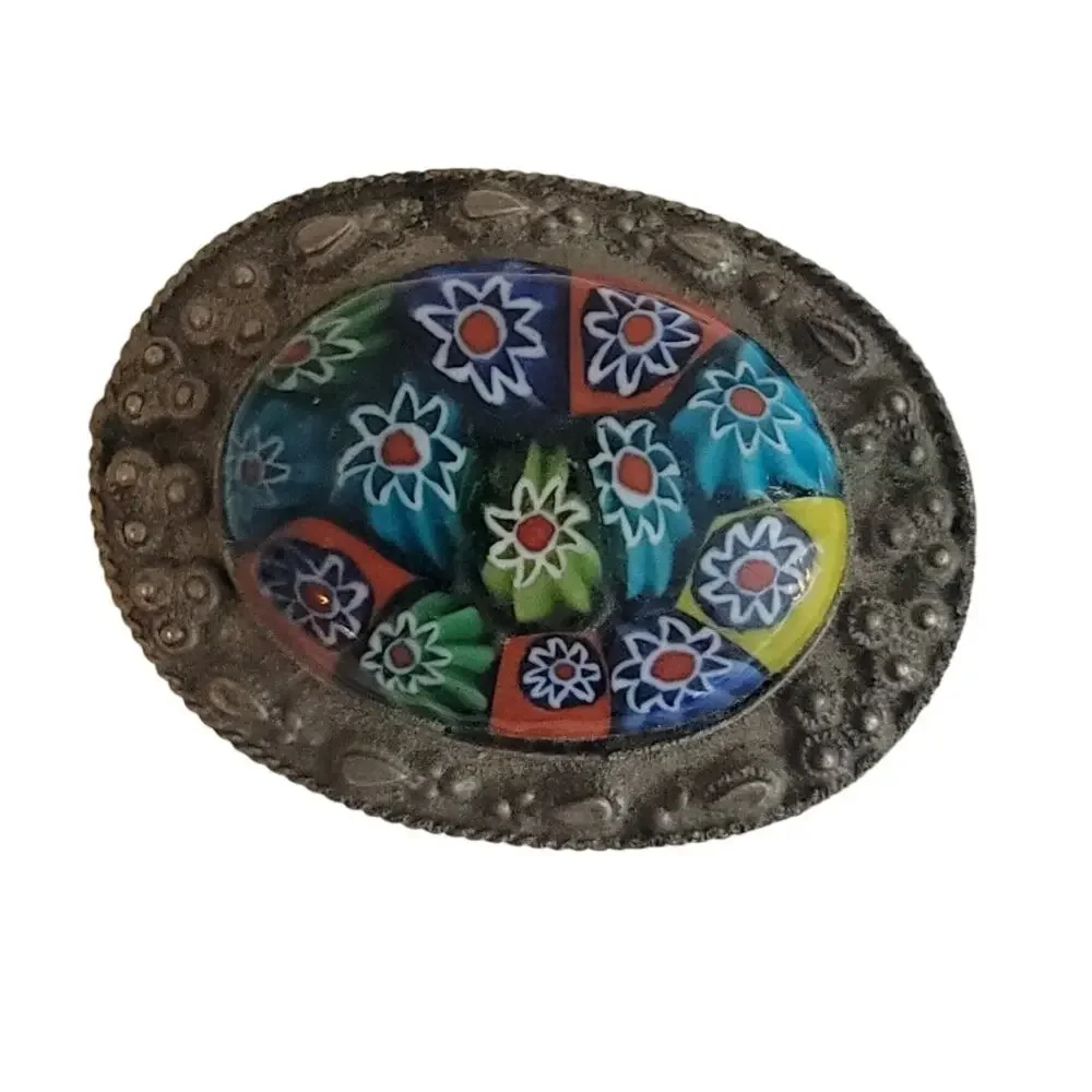 Vintage mini millefiori glass silverplate Lined metal trinket stash pill box 2